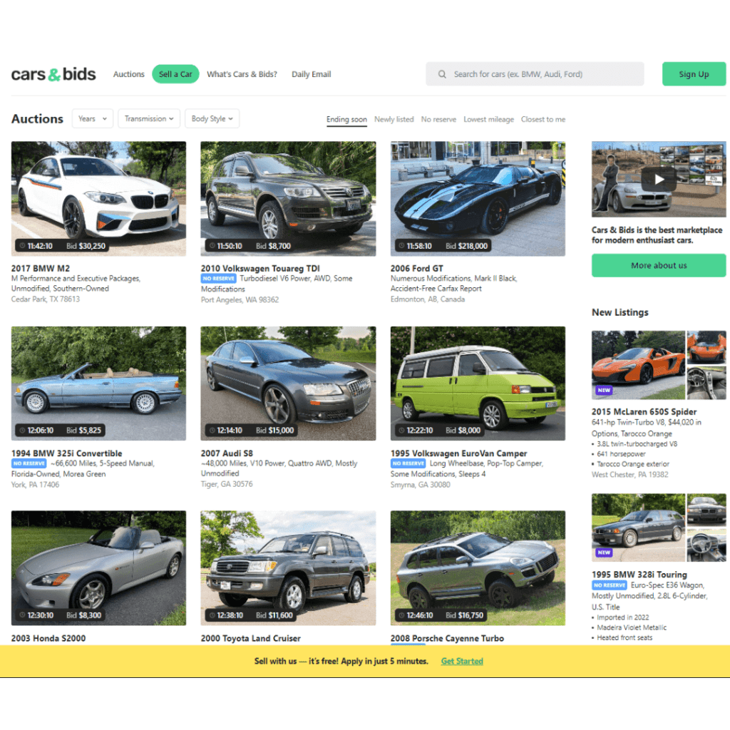 cars and bids auto dealer websites